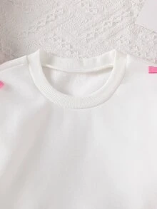 SHEIN 女童 2 件套休閒套裝，蝴蝶結裝飾長袖衛衣與波點喇叭褲 - 玫紅色 - 查看 6