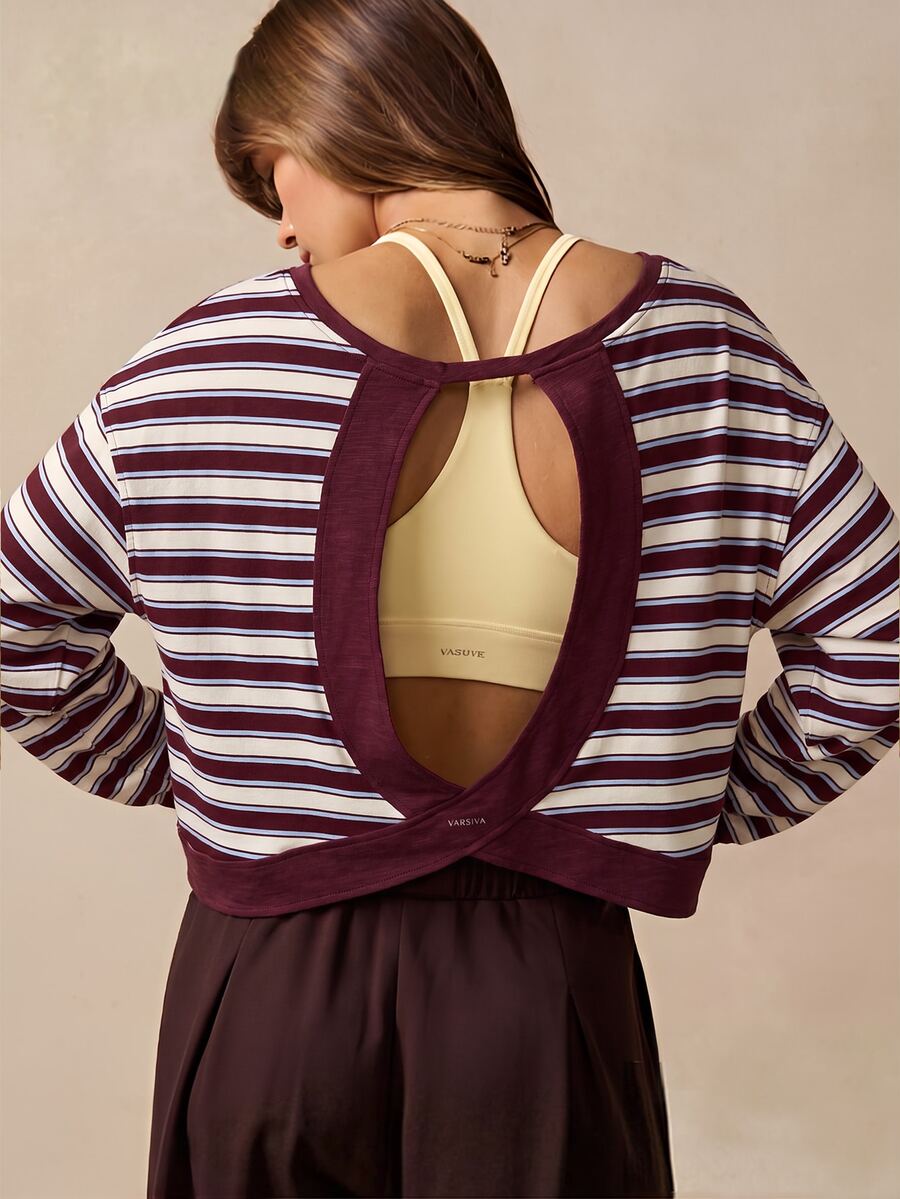 VARSIVA Women's Striped Back Cutout Long Sleeve Sports T-Shirt - Multicolor - View 1