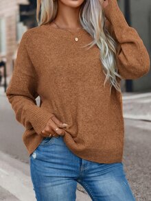 SHEIN 女款純色圓領落肩長袖休閒套頭毛衣 - 棕色 - 查看 5