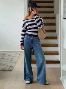 Aloruh Women's Street Style Striped Colorblock Off-Shoulder Sweater - Baby Blue - View 3