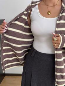 POPSWAY Plus Size Women's Striped Zip-Up Hooded Cardigan Sweater, Autumn/Winter - Brown - View 7