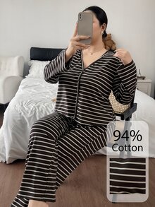 Napfluff CURVE Napfluff CURVE Plus Size Women's Cotton Striped Button-Front Pajama Set, Casual Loungewear - Chocolate Brown - View 5