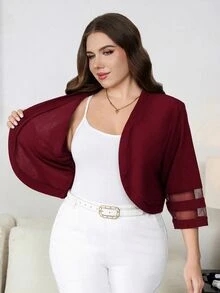 Reflora Plus Size Vintage Mesh Patchwork Jacket For Office And Commute - Burgundy - View 3
