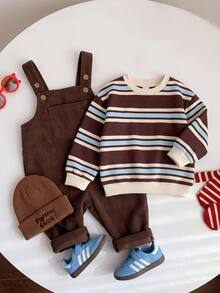 LMoss Kids Baby Boy Striped Sweatshirt + Vintage Brown Corduroy Overalls Set - Multicolor - View 1