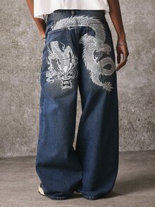 ROMWE MEN Street Life Men's Casual Everyday Travel Denim Jeans With Pocket, Button And Dragon Pattern - Blue - View 3