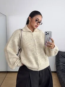 POPSWAY Plus Size Women's Autumn/Winter Dropped Shoulder Long Sleeve Single-Breasted Knit Cardigan - Apricot - View 1
