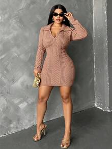 Maweii Plus Women's Pink Elegant Sweater Dress,Autumn Twisted Rope Long Sleeve Collared Fitted Mini Dress - Rusty Rose - View 3