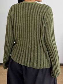POPSWAY Cardigan Sweater Lengan Panjang Wanita Ukuran Plus Kasual Warna Hijau Bergaris Asimetris Kancing Tunggal - Hijau - View 2