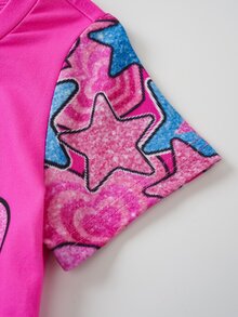 THE POWERPUFF GIRLS X SHEIN رومبير كاجوال بأكمام قصيرة وطبعة كرتونية للبنات الرضع - وردي - مشاهدة 6