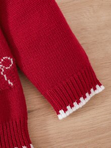 SHEIN Cardigan Rajut Leher V Motif Pita Lucu untuk Bayi Perempuan Warna Merah, Cocok untuk Musim Gugur/Dingin, Cocok untuk Liburan, Natal, Sweater, Gaya Musim Gugur Terbaru - MultiWarna - View 5
