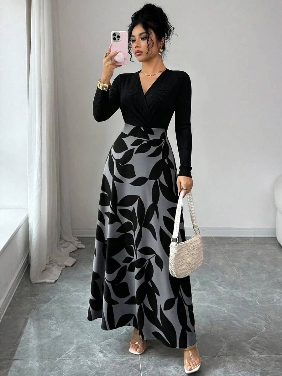 Elenzga Robe grande taille pour femmes à col en V, manches longues, Top en tricot côtelé, jupe à imprimé feuilles, bloc de couleurs, robe fluide amincissante coupe A pour rendez-vous et sorties - Multicolore - Voir 1