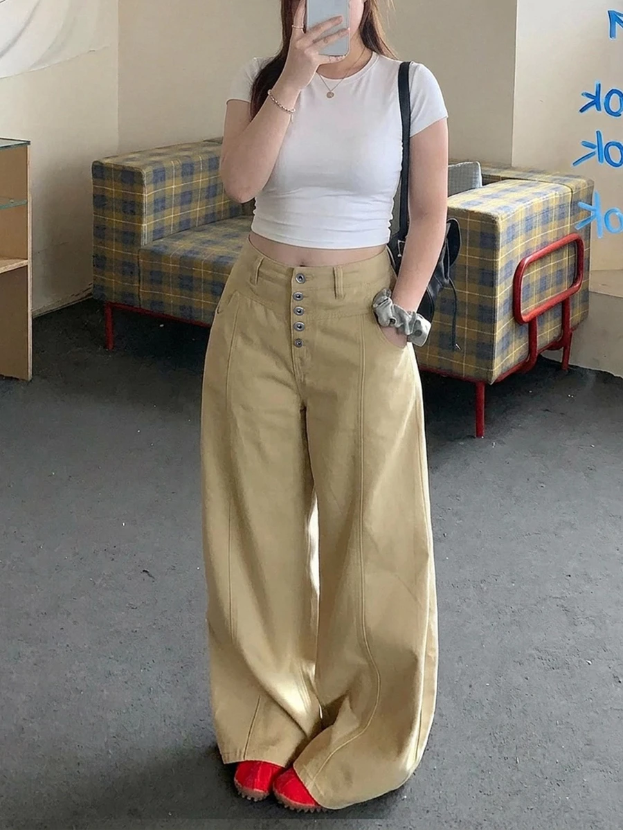Dazy Plus Casual Loose Wide Leg Curved Hem Multi-Button Spring Autumn New Denim Jeans - Khaki - View 1