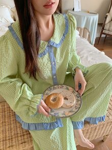 Dazy Plus Cute Plaid Peter Pan Collar Top & Pants 2-Piece Set Green Pajama Loungewear - Mint Green - View 9