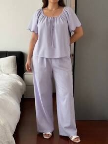 Dazy Plus Purple Casual Long Pants 2pcs Set Homewear Spring Summer Autumn New Pajama Set - Purple - View 4