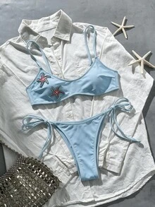 SHEIN Swim 女款夏季海灘海星性感時尚比基尼兩件式泳衣套裝 - 藍色 - 查看 7