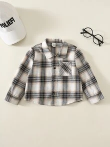 SHEIN Baby Boy Plaid Pattern Turndown Collar Long Sleeve Button-Up Shirt - Brown - View 4