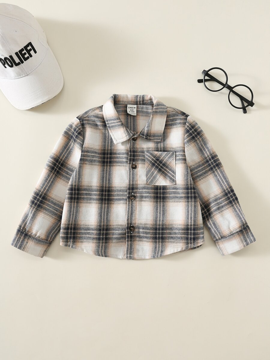 SHEIN 男嬰格紋翻領長袖鈕扣襯衫 - 棕色 - 查看 1
