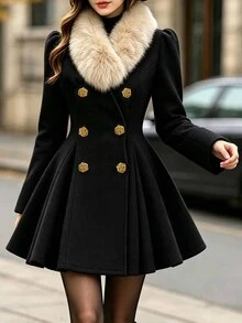 SHEIN LUNE Jaket Lipit Bulu Imitasi dengan Kancing Bunga Logam untuk Wanita - MultiWarna - View 1