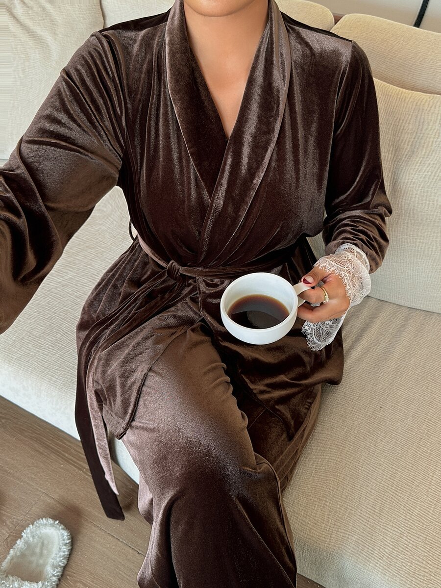 Dazy Plus Autumn Winter Elegant Velvet Long Pants 2-Piece Pajama Set - Brown - View 1