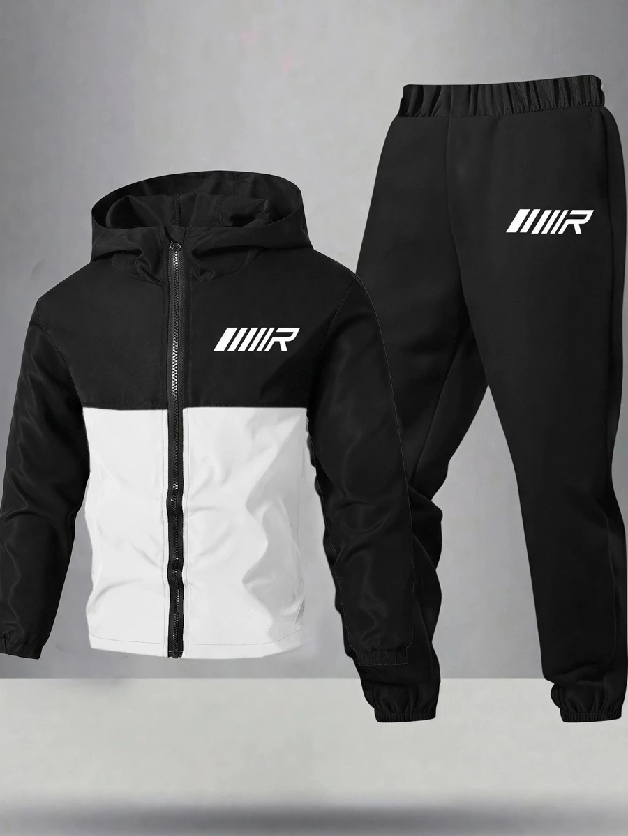 2件組兒童青少年男孩休閒運動拼接色連帽外套與黑色長褲套裝，適合秋冬、家庭聚會、開學季、運動、玩耍、生日派對、拍照、度假、假期，秋冬穿搭 - 黑與白 - 查看 1