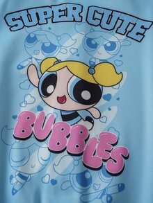 THE POWERPUFF GIRLS X SHEIN Tween Girl Letter Cartoon Print Baseball Collar Jacket - Multicolor - View 9