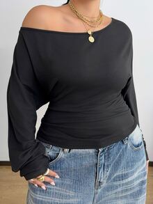 POPSWAY Kaos Wanita Ukuran Besar Warna Polos Lengan Panjang Berkerut Kasual Bahu Asimetris - Hitam - View 5