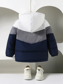 SHEIN 男童加厚外套，戶外風格，秋冬款，白色/灰色/藍色拼接，簡約時尚舒適 - 藍白色 - 查看 3