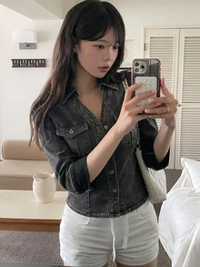 DAZY Women's Collared Washed Casual Denim Top, Korean Style - Grey - View 8