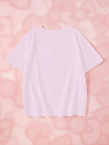 HELLO KITTY AND FRIENDS | SHEIN تي شيرت كاجوال يومي بأكمام قصيرة للبنات المراهقات بطبعة كرتونية وحروف - أبيض - مشاهدة 2