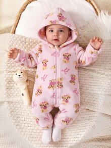 SHEIN 新生兒男嬰/女嬰可愛秋冬休閒白色毛絨卡通熊圖案連帽連身衣家居服 - 淺粉色 - 查看 5