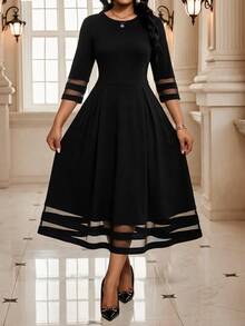 SHEIN Lady Women's Solid Color Round Neck Contrast Mesh 3/4 Sleeve Elegant Mid-Length Dress - White - View 3