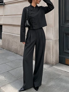SHEIN PariChic New Chinese Style Black Suit Set For Women, Stand Collar Frog Button Short Blazer + High Waist Wide Leg Pants, Zen Inspired 2 Pieces Set - Black - View 1