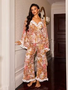Slumberist 3 Pieces Leopard & Floral Print Women's Pajama Set, 3D Flower Cami Top, Wide Leg Pants, Tie-Front Robe, Loungewear - Orange Red - View 1