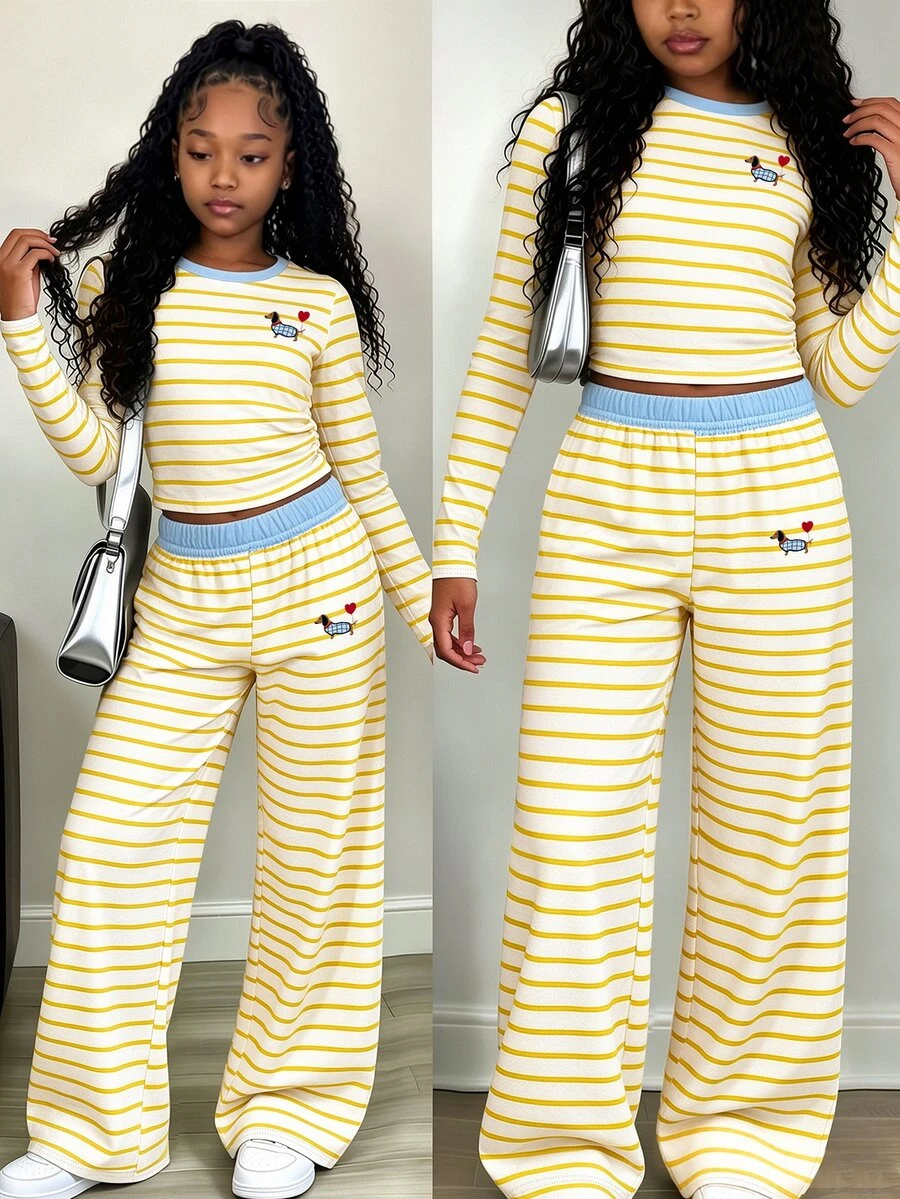 Tween Girls Long Sleeve T-Shirt & Wide Leg Pants Set Stripe Heart Embroidery Yellow Blue Fall Outfit 1 Set - Multicolor - View 1