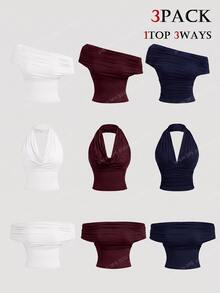 SHEIN MOD 女款三種穿法休閒純色修身上衣，夏季適用，垂領上衣、露肩上衣，美學風格，適合音樂節、鄉村風穿搭、海灘度假、茶會、端莊風格、舞會上衣，可愛上衣 - 酒紅色 - 查看 1