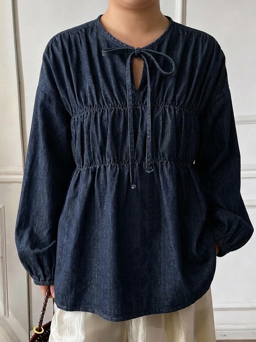 Dazy Plus Vintage Washed Denim Pleated Loose Tie-Up Korean Style Pullover Denim Top Spring Autumn New - Dark Wash - View 1