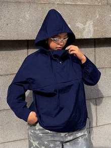 Muchica 大尺碼女款海軍藍休閒半拉鍊抽繩連帽外套，時尚秋季連帽外衣 - 藏蓝色 - 查看 6