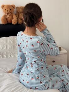 Napfluff طقم بيجامة نسائي بأكمام طويلة وبنطال طويل مطبوع بطبعة الكرز والخطوط - متعدد الألوان - مشاهدة 4
