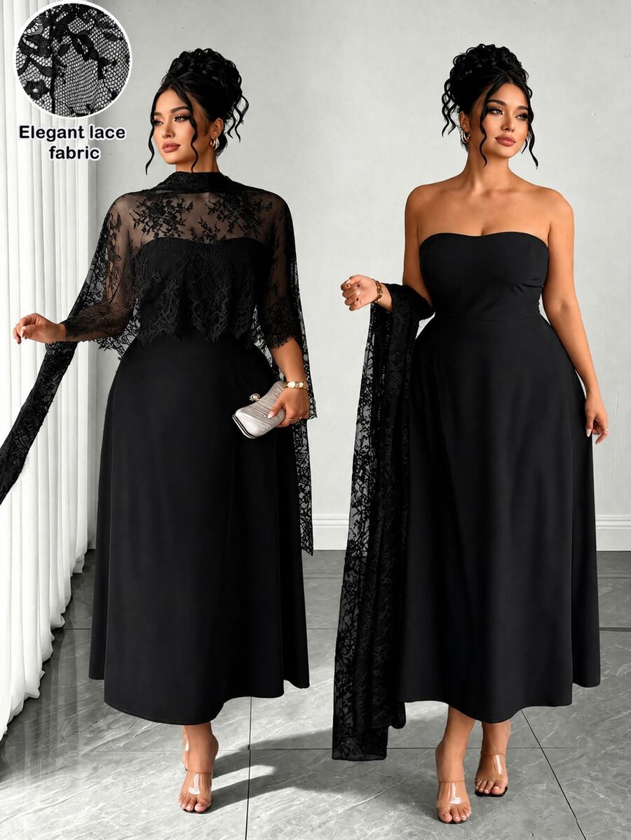 Elenzga Plus Size Women's Coffee Brown Autumn/Winter Long Dress, Lace Patchwork Open Back A-Line Skirt, Ruffle Hem, Fishbone Pattern Dividing Line, Long Train, Suitable For Party, Halloween, Various Events - Black - View 1