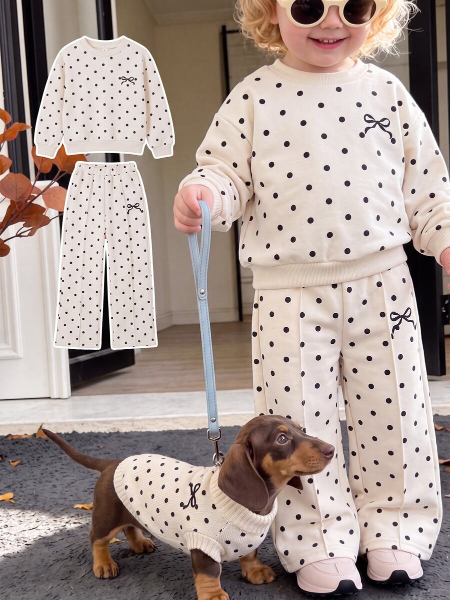 SHEIN Girls Polka Dot Set Spring/Autumn New Korean Style Bowknot Round Neck Sweatshirt Wide Leg Pants 2 Pieces Outfit - White - View 1