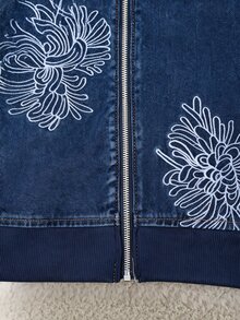 GlowEve Fall Casual Vintage Loose Zip Up Embroidered Flower Blue Denim Going Out Denim Top For Women - Blue - View 6