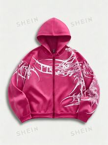 ROMWE MEN Goth 男士哥德風印花長袖拉鍊休閒連帽外套 - 玫瑰紅 - 查看 1