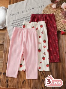 SHEIN Playful Pals 3件組女嬰幼童女孩羅紋內搭褲可愛甜美粉色酒紅奶油色草莓櫻桃印花蝴蝶結羅紋款假日秋季舒適公主風日常穿搭 - 彩色 - 查看 3