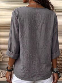 SHEIN Holidaya Middle-Aged Women Solid Color Notch V-Neck Casual Daily Wear Blouse - Grey - View 3