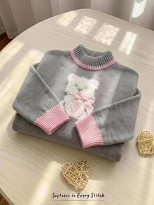Cozy Pixies 女嬰可愛粉色蝴蝶結裝飾白色毛絨熊圖案高領寬鬆遮腹毛衣 - 灰色 - 查看 7