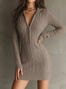 Solivie Women's Short Knit Dress, Half-Zip Front, Camel Color Fashion Mini Dress - Camel - View 6