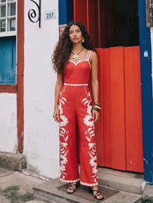 CAJUNI Tropical Vacation Embroidery Flower Cute Jumpsuit - Red and White - View 4