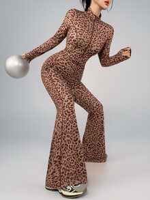 DAZY Jumpsuit Wanita Motif Leopard dengan Resleting Pas Badan - Coklat - View 6