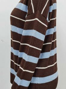 SHEIN LUNE 女款休閒不對稱露肩針織衫，棕色與藍色條紋不對稱露肩，休閒極簡復古優雅通勤百搭舒適，女款秋季服飾，秋季穿搭，女款通勤穿搭，百搭上衣，外出穿搭，機場穿搭 - 彩色 - 查看 5