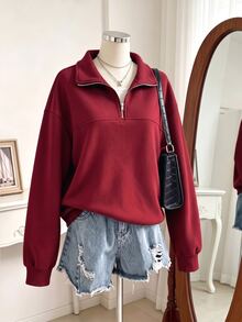 SHEIN Sparklyn 青少年女孩抓絨秋季服飾 素色半拉鍊落肩長袖寬鬆休閒套頭衛衣 保暖 秋冬穿搭 - 紅色 - 查看 4